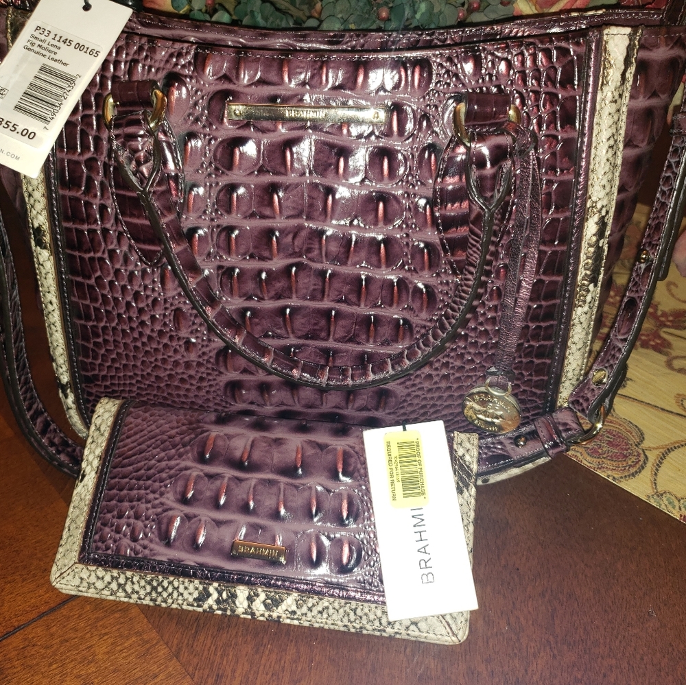NWT Brahmin Fig Moliere Lena Handbag and FREE matching wallet